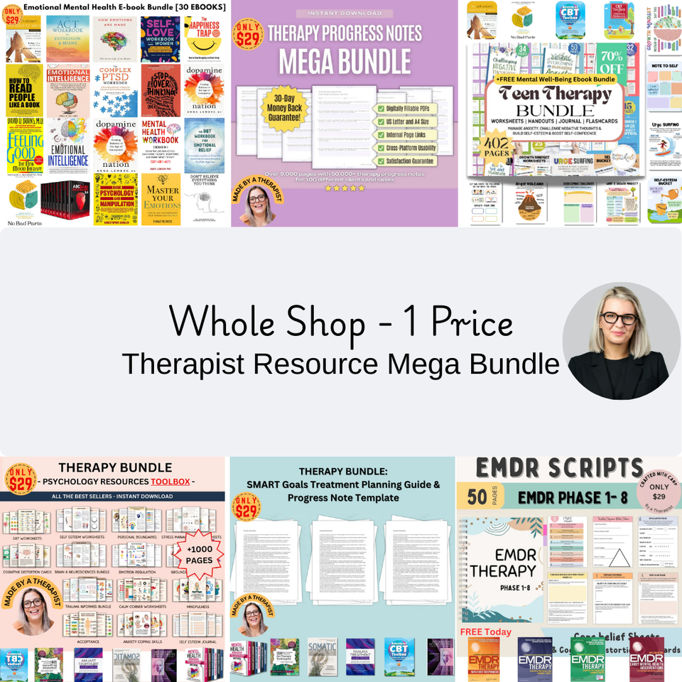 Therapist Resource Mega Bundle: 800+ Therapy Worksheets, 30+ Ebooks, EMDR Scripts, CBT/DBT Tools, Planners, Progress Notes & More