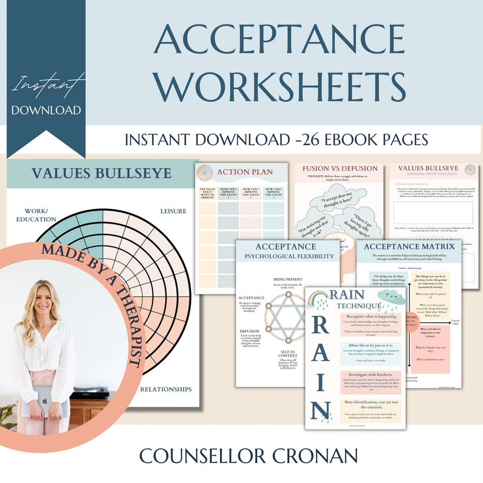 70% OFF Therapy Worksheet Bundle: Psychology Resources for Managing the Inner Critic, Setting Boundaries, and Healing Trauma with Acceptance, Safety plan, Planner, GAD and Affirmations!