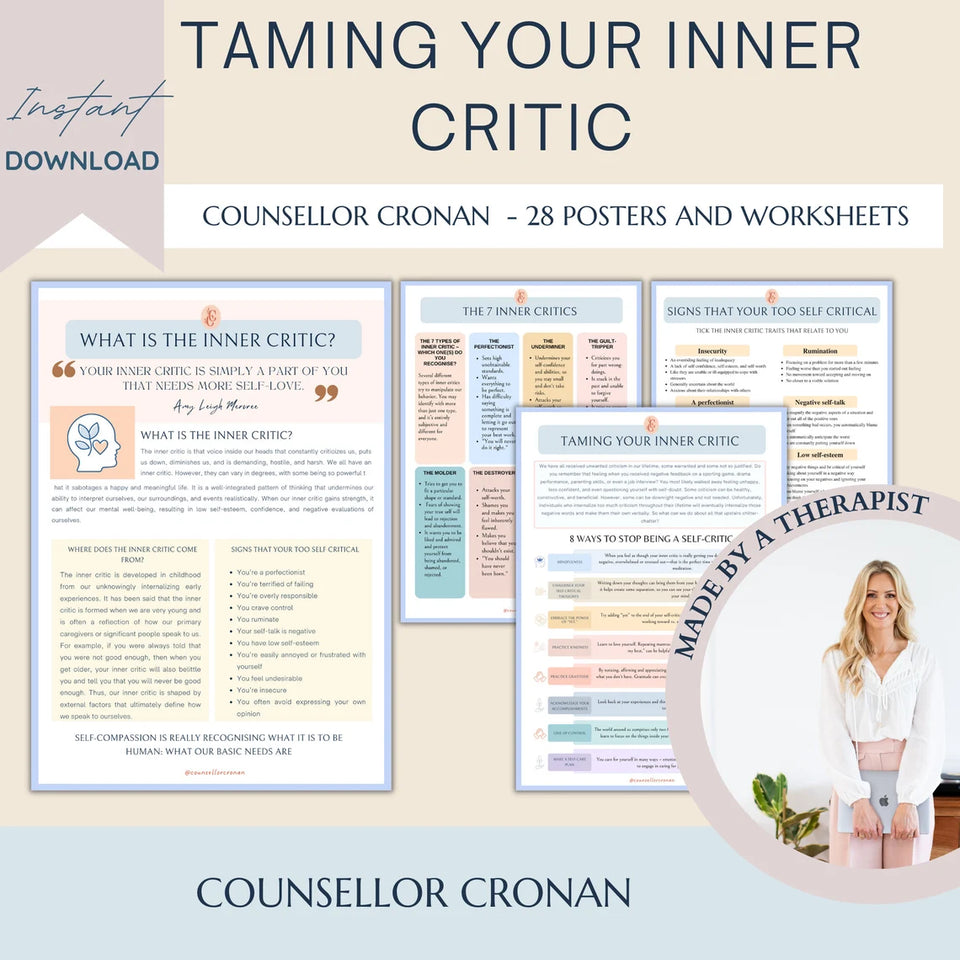 70% OFF Therapy Worksheet Bundle: Psychology Resources for Managing the Inner Critic, Setting Boundaries, and Healing Trauma with Acceptance, Safety plan, Planner, GAD and Affirmations!