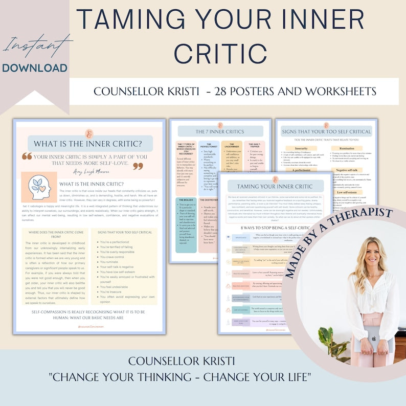 Mental Health Therapy Worksheet Bundle: Psychology Resources for Inner Critic, Boundaries, Trauma, and GAD – Includes Safety Plan, Planner, and Affirmations