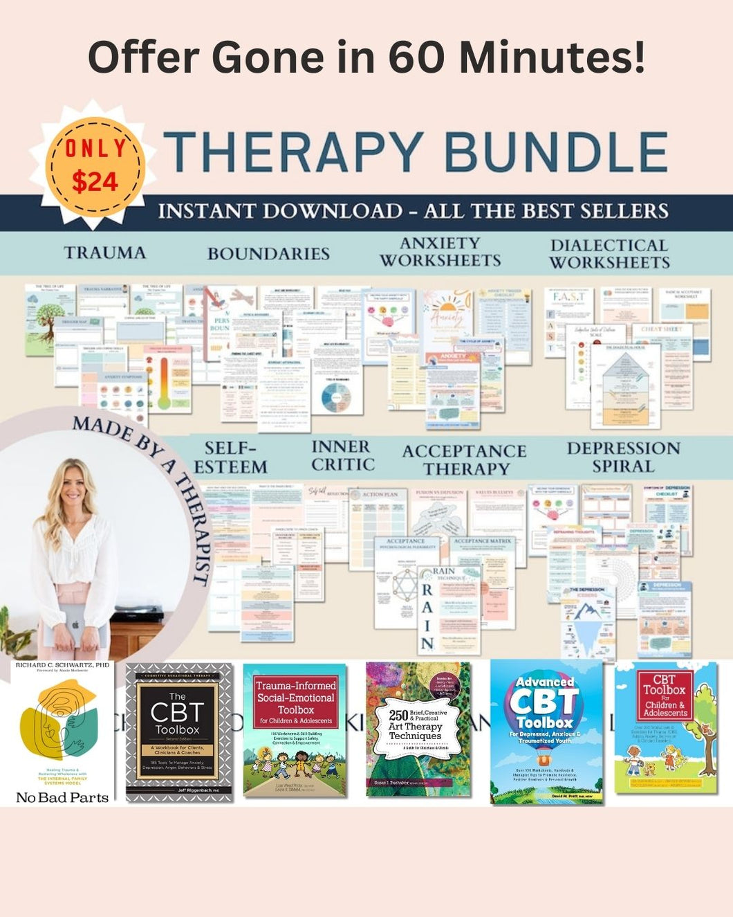 Mental Health Therapy Worksheet Bundle-1 Hour Offer! Only $24- Psychology Resources for Inner Critic, Boundaries, Trauma, and GAD – Includes Safety Plan, Planner, and Affirmations