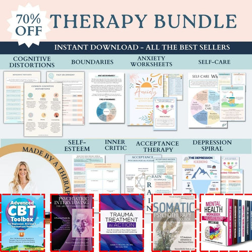 70% OFF Therapy Worksheet Bundle: Psychology Resources for Managing the Inner Critic, Setting Boundaries, and Healing Trauma with Acceptance, Safety plan, Planner, GAD and Affirmations!
