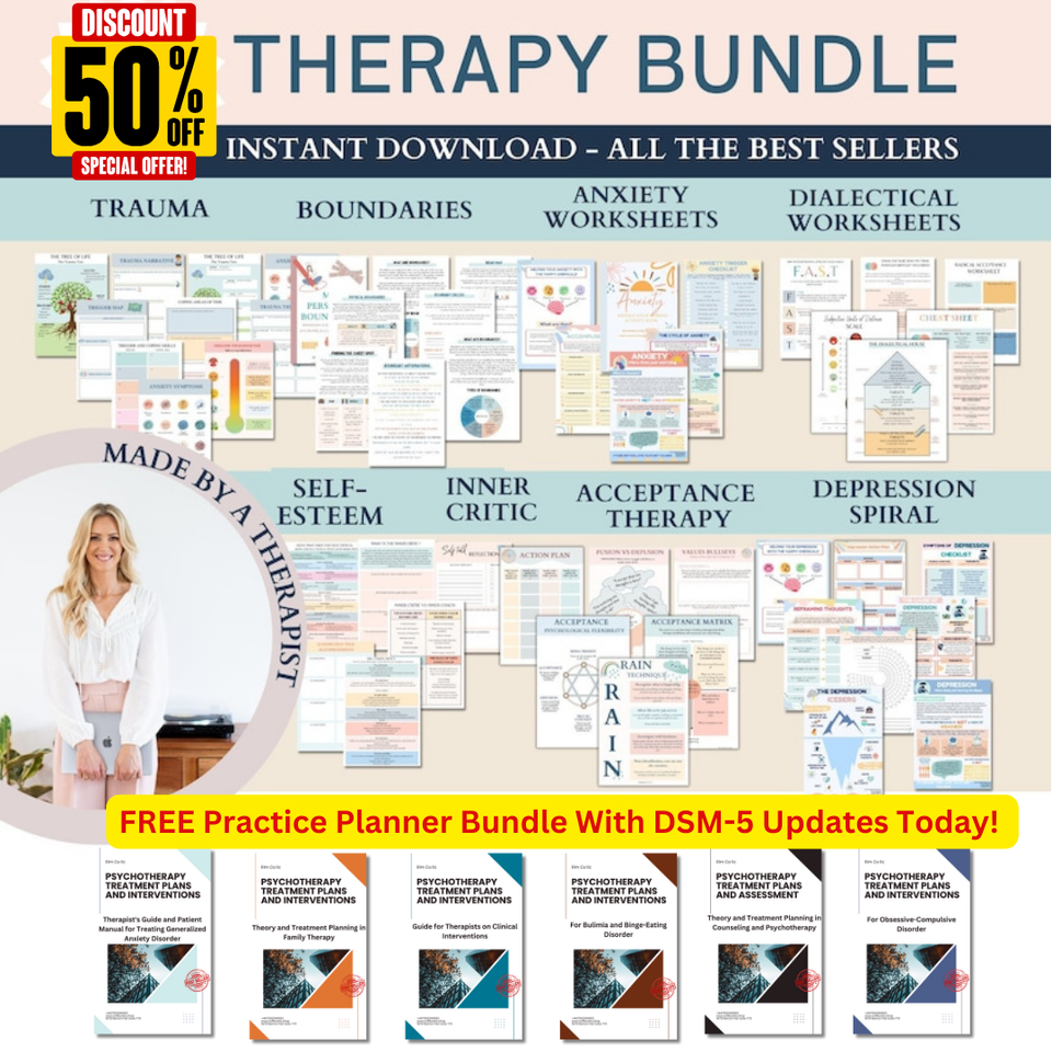 Mental Health Therapy Worksheet Bundle: Psychology Resources for Inner Critic, Boundaries, Trauma, and GAD – Featuring a Safety Plan, Planner, and Affirmations!