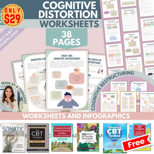 Cognitive Distortion Worksheets, Thinking Errors, Unhelpful Thinking Patterns, Workbook, CBT, Therapy Coping Skills Anxiety Tool DBT List +FREE Mental Health Ebook Bundle