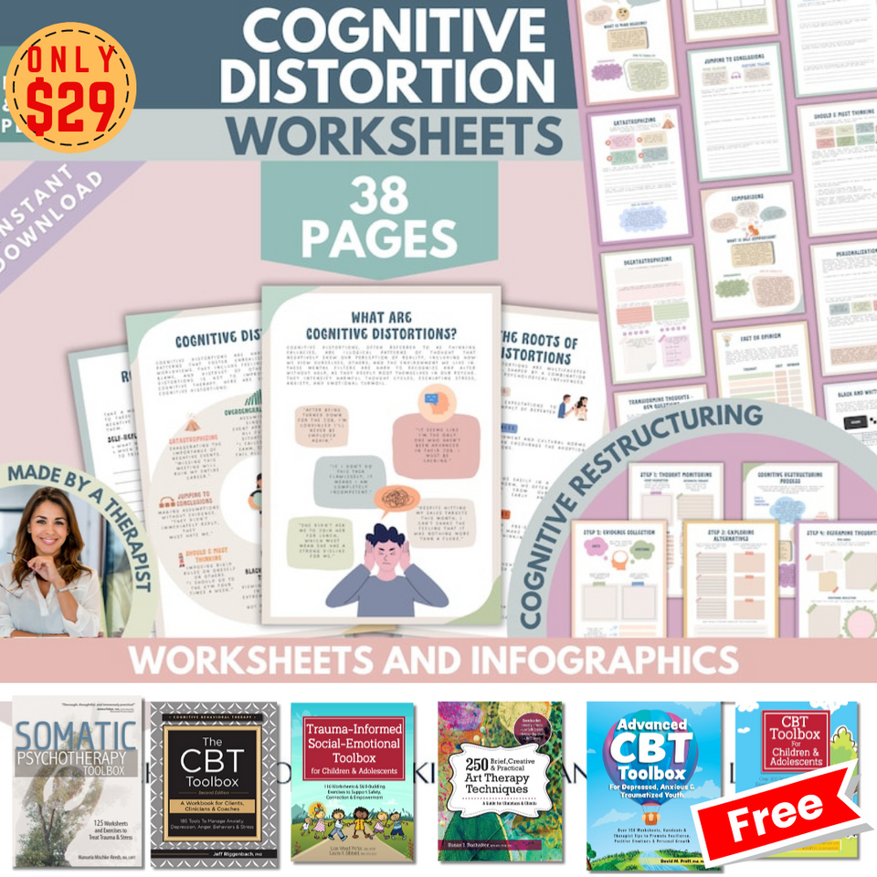 Cognitive Distortion Worksheets, Thinking Errors, Unhelpful Thinking Patterns, Workbook, CBT, Therapy Coping Skills Anxiety Tool DBT List +FREE Mental Health Ebook Bundle