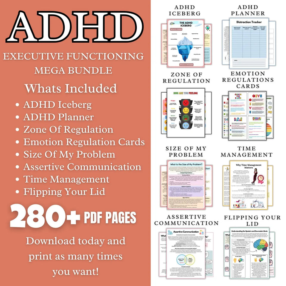 280+ ADHD Executive functioning Worksheets, ADHD Worksheets, Executive Function Bundle, School Counseling, Anxiety