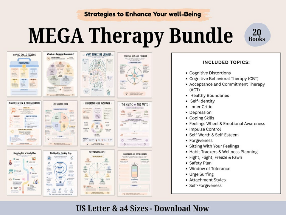 Mega shop bundle: 500 + Pages of Therapy worksheets and Activities. Anxiety, Self-Care Planner. Emotional Support. Coping skills.