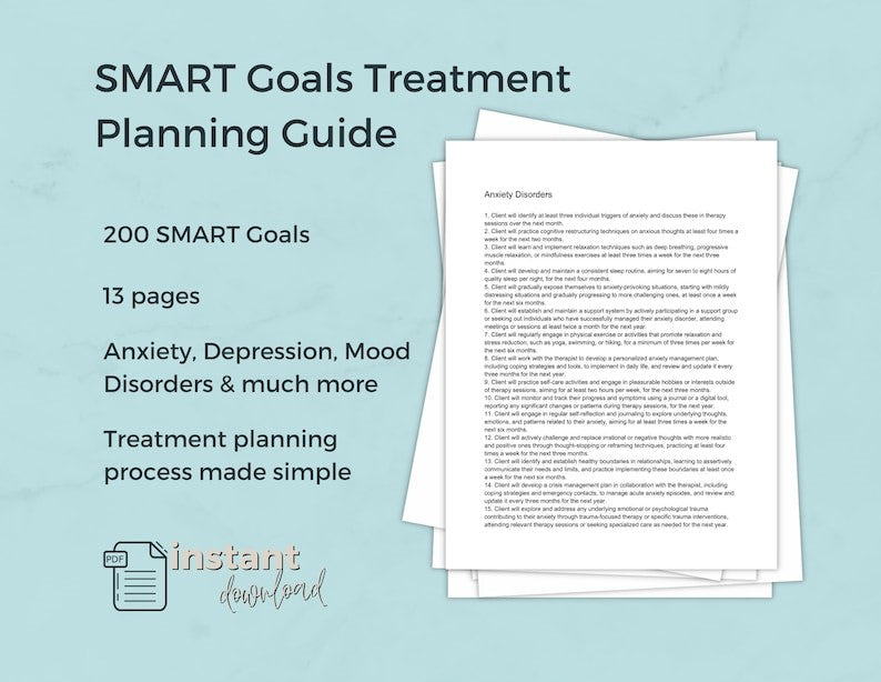 Therapy Practice Bundle: SMART Goals Treatment Planning Guide & Progress Note Template +Free Therapy Session Questions Bundle