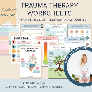 Mental Health Therapy Worksheet Bundle: Psychology Resources for Inner Critic, Boundaries, Trauma, and GAD – Featuring a Safety Plan, Planner, and Affirmations!