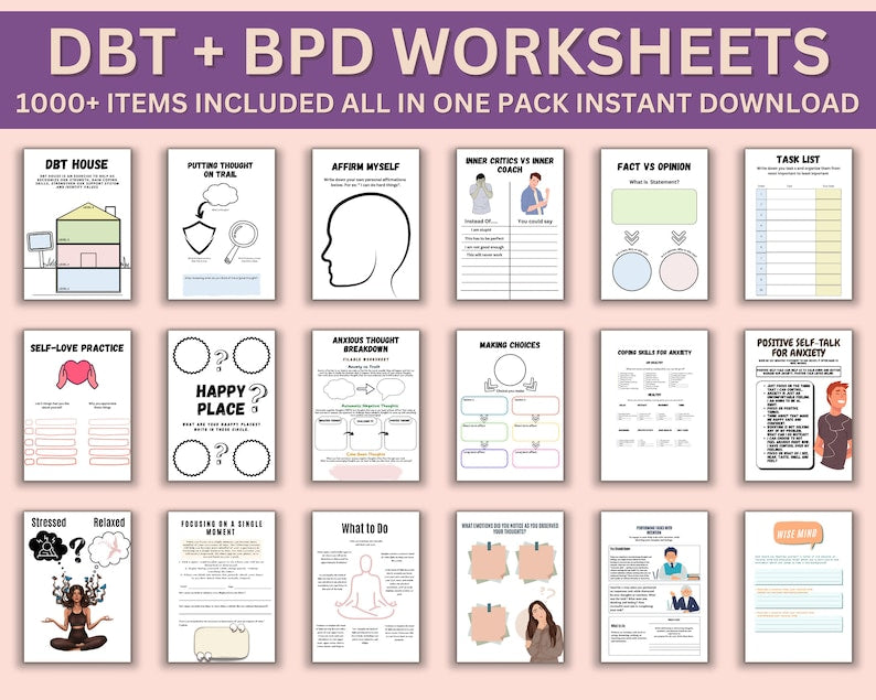 Mental Health Therapy Worksheet Bundle: Psychology Resources for Inner Critic, Boundaries, Trauma, and GAD – Includes Safety Plan, Planner, and Affirmations!