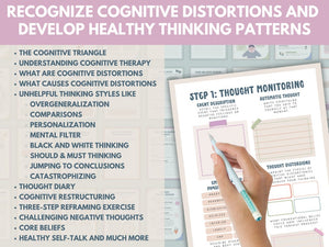 Cognitive Distortion Worksheets, Thinking Errors, Unhelpful Thinking Patterns, Workbook, CBT, Therapy Coping Skills Anxiety Tool DBT List +FREE Mental Health Ebook Bundle