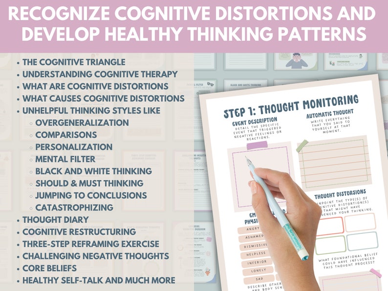 Cognitive Distortion Worksheets, Thinking Errors, Unhelpful Thinking Patterns, Workbook, CBT, Therapy Coping Skills Anxiety Tool DBT List +FREE Mental Health Ebook Bundle