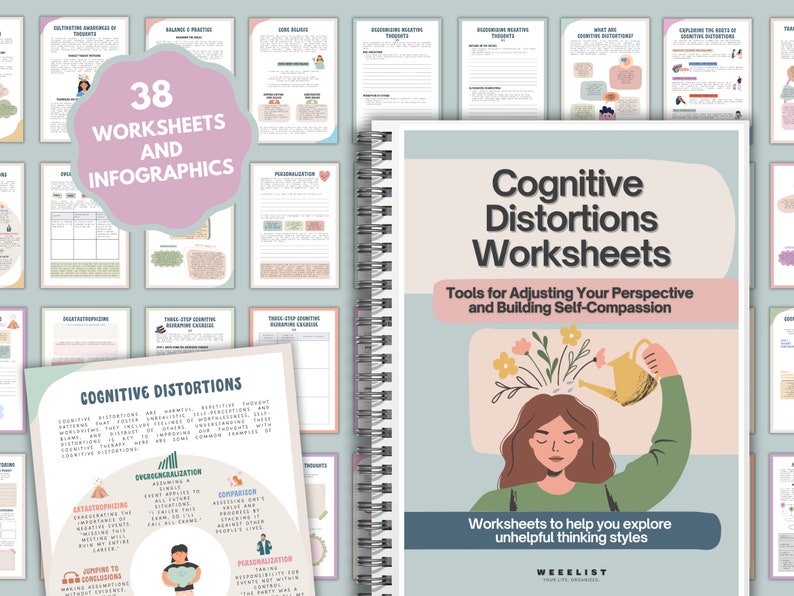 Cognitive Distortion Worksheets, Thinking Errors, Unhelpful Thinking Patterns, Workbook, CBT, Therapy Coping Skills Anxiety Tool DBT List +FREE Mental Health Ebook Bundle