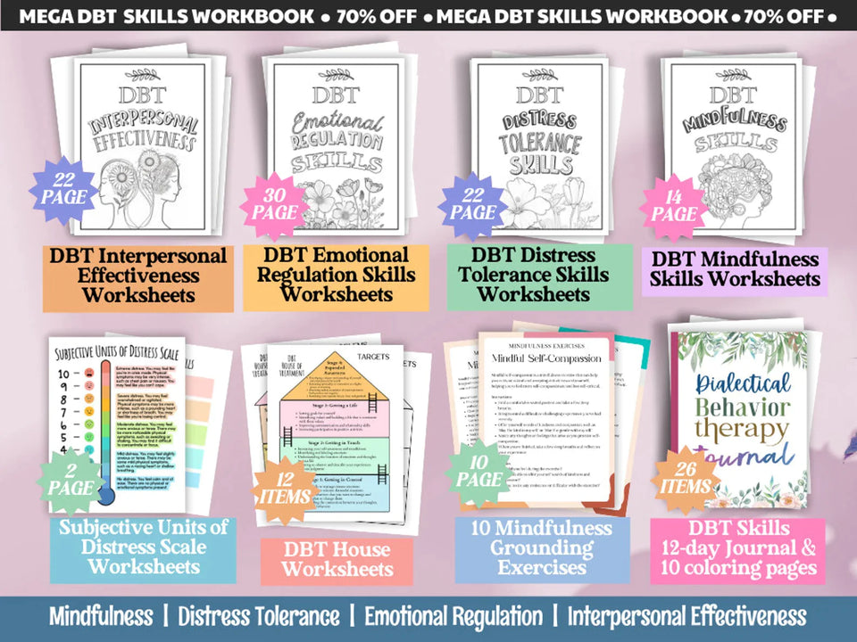 Mental Well-being Bundle: 402 Psychology Therapy Worksheets, Activities, DBT Mastery, Trauma Recovery and 16 Ebooks for Self-Worth Building, Boundary Skills, and more.